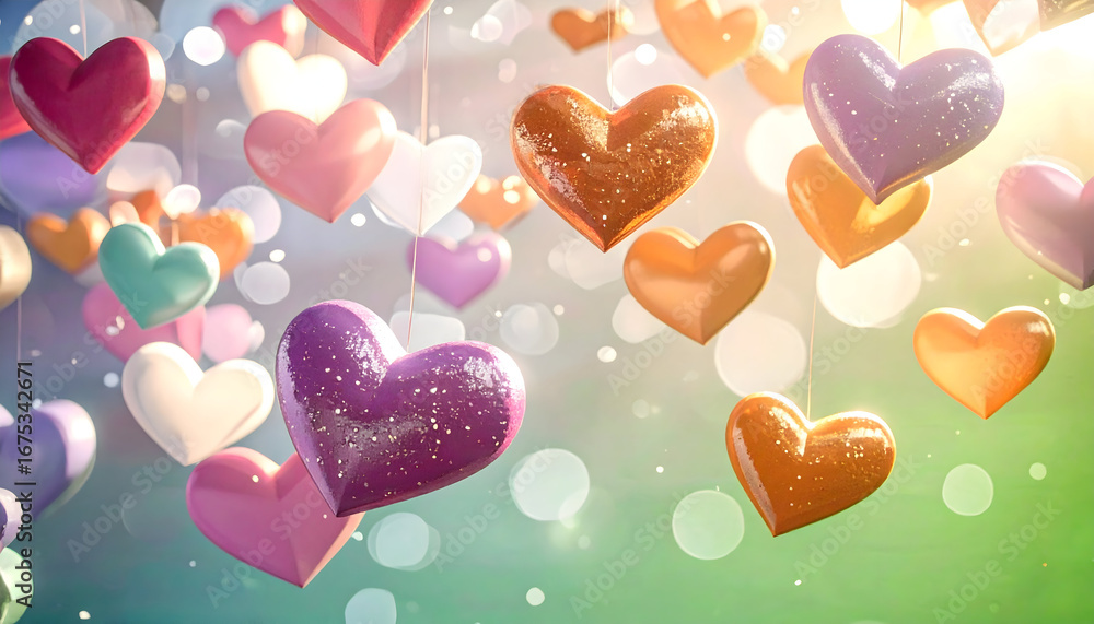 Poster colorful hearts suspended against a soft bokeh background creating a joyful atmosphere