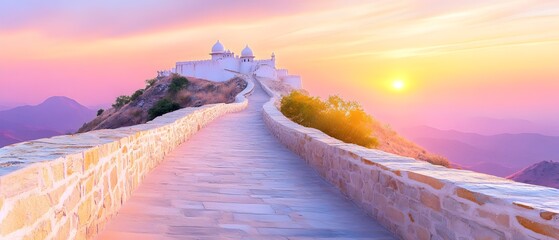 A stone walkway leading to a building with a white dome