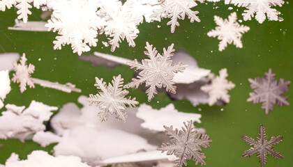 Delicate Snowflakes Gently Falling Against a Soft Green Background Creating a Winter Ambiance