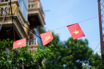 Hanging Vietnamese national flag displayed to celebrate the 80th anniversary of Vietnam National Day, September 2, 2025, marking the historic milestone with the A80 military parade in Hanoi. 