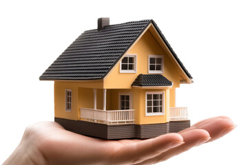 Hand holding a model house symbolizes real estate investment opportunity in a modern urban setting during daytime