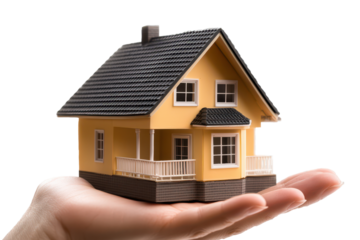 Hand holding a model house symbolizes real estate investment opportunity in a modern urban setting during daytime