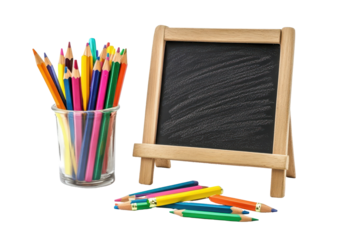 Colorful pencils in a glass jar beside a wooden blackboard with empty writing space, perfect for classroom or creative projects