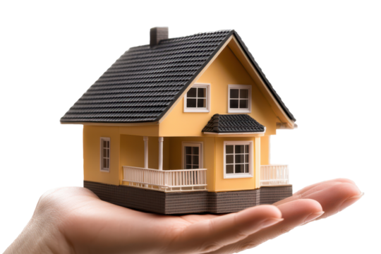 Hand holding a model house symbolizes real estate investment opportunity in a modern urban setting during daytime