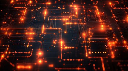 Glowing orange circuit lines and nodes on a dark electronic board creating a high-tech digital pattern