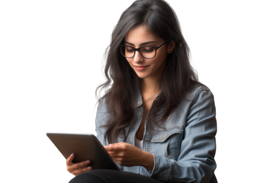 Attractive girl sitting comfortably while using a tablet in a cozy interior setting during daylight hours