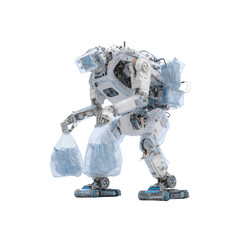 Naklejka premium Futuristic Robot Carrying Waste Bags - Automated Waste Management and Recycling Concept