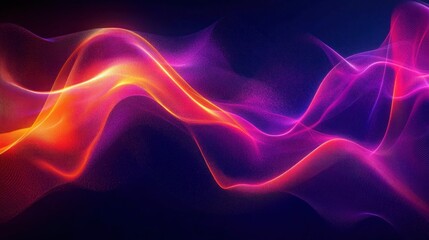 Obraz premium Vibrant flowing abstract waves of glowing orange, pink, and purple light on a dark blue background conveying fluid motion and energy