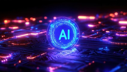 Glowing digital interface with circular holographic display showing AI letters over futuristic circuit board with blue and purple lights