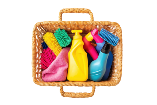 Cleaning supplies arranged neatly in a basket for easy access and organization during household chores