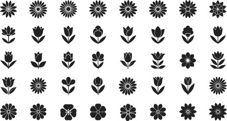 Black and white floral set designs, Black and white floral silhouettes and icons, Collection of black and white flower silhouettes Free Vector