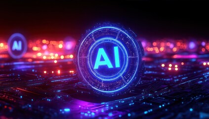 Glowing blue and purple digital circuit board with illuminated circular interface displaying the letters AI in futuristic technology setting