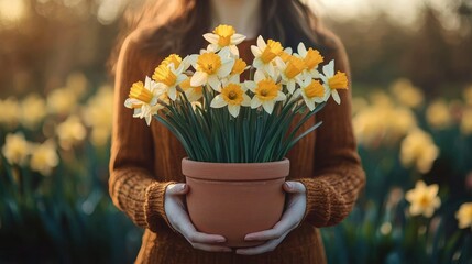 person in brown knitted sweater holding a clay pot filled with blooming yellow and white daffodils in a sunny outdoor setting with blurred background flowers