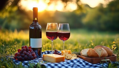 Romantic outdoor picnic with red wine, grapes, assorted cheese, and fresh bread on a checkered blanket at sunset in a grassy field