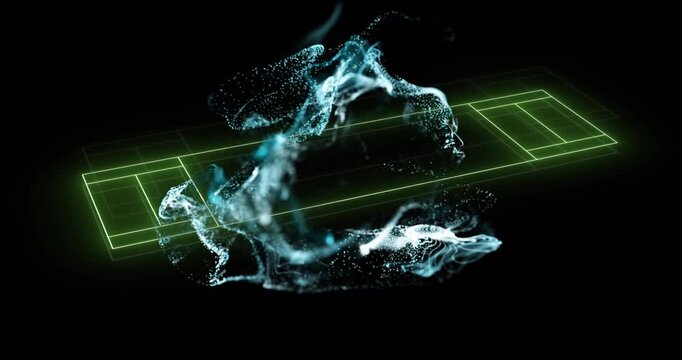 Emerging blue-white fluid forming neon green grid swirling into ribbons fading showing interaction