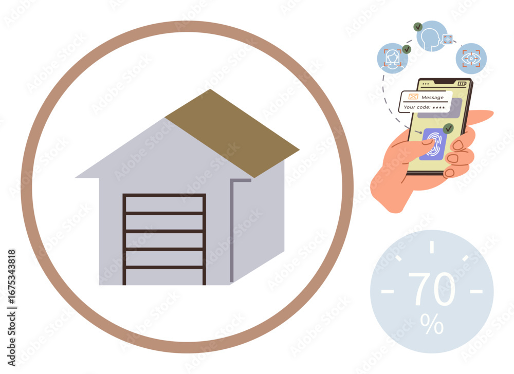 Poster garage with connected smartphone showing secure access notification and automation progress. ideal f