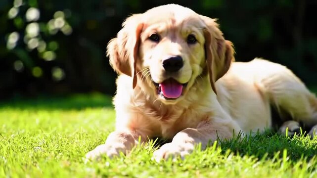 Portrait of a charming golden retriever puppy resting on a sunlit grassy field. This lovable young dog with a happy expression represents pure joy and the simple pleasures of a beautiful day