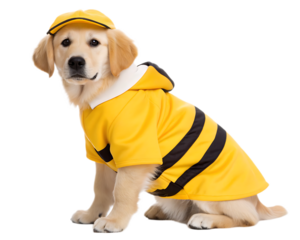Golden retriever puppy wearing a yellow and black striped jacket and a matching yellow baseball cap sitting