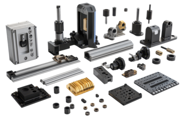 Detailed arrangement of various CNC machine components featuring high-resolution precision parts