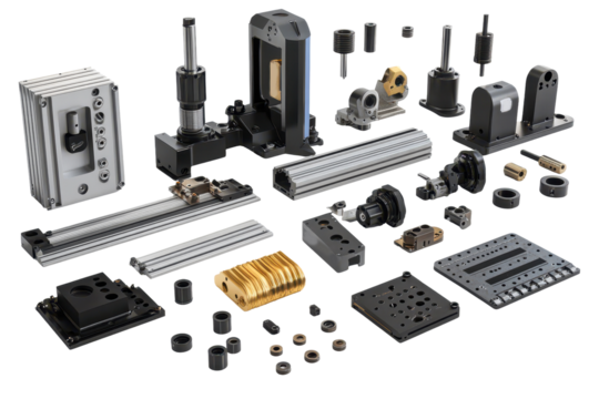 Detailed arrangement of various CNC machine components featuring high-resolution precision parts