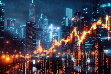 Futuristic city skyline at night with illuminated skyscrapers and glowing orange financial graph overlay during rain