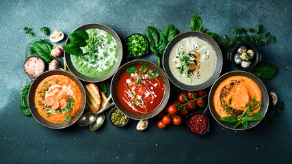 Homemade vegetarian soups and ingredients for cooking. In a bowl. Healthy food concept. Advertising photo.