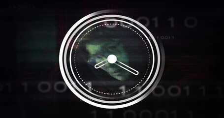 Opening dotted ring circling, rotating clock hands over globe with binary backdrop visualizing time - Powered by Adobe