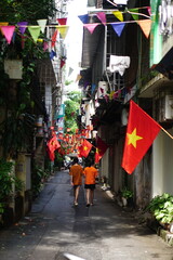Hanging Vietnamese national flag displayed to celebrate the 80th anniversary of Vietnam National Day, September 2, 2025, marking the historic milestone with the A80 military parade in Hanoi. 