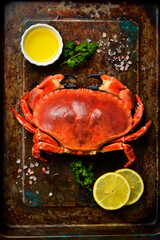Seafood dish, Boiled Serrated mud crab. Top view. Creative photo. Free space for text.