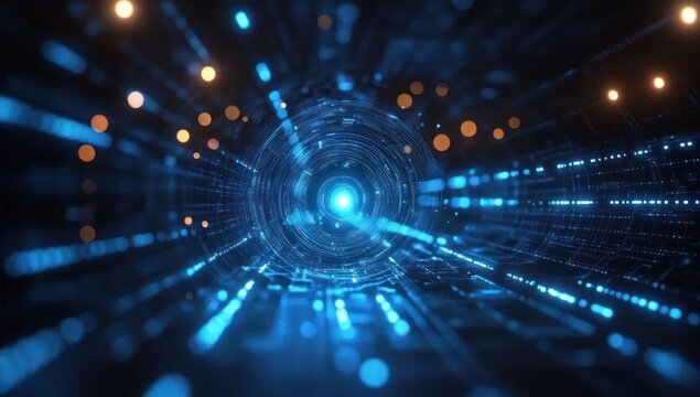 Futuristic tunnel of blue glowing lights and digital lines with orange light orbs creating a sense of depth and motion in a technological environment