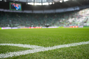 Middle and side line of football pitch at the stadium during the match.
