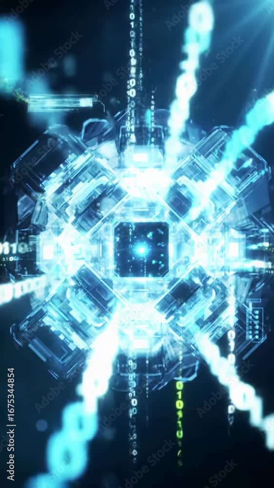 Aufkleber extreme close-up of pulsating futuristic crystalline core with white, blue, green binary code & glow