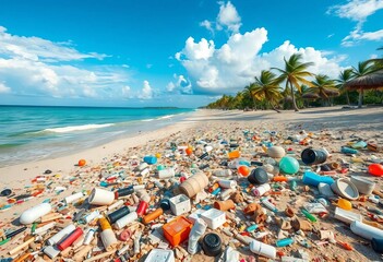 Obraz premium Plastic debris litters a pristine Caribbean beach, Varadero, Cuba, ocean, environmental problem