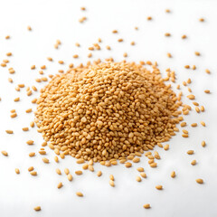 Single dried sesame seed isolated on white background, highlighting its small size, smooth beige texture,