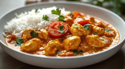 Creamy chicken curry with chunks of chicken, sliced tomatoes, fresh cilantro garnishing served with white rice on a white plate
