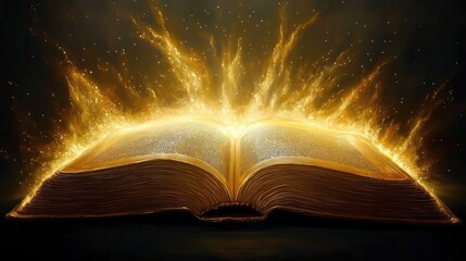 An open ancient book with glowing golden light and magical flames emanating from its pages, creating a mystical and powerful atmosphere