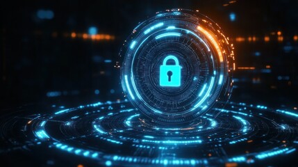 Glowing futuristic digital lock icon surrounded by circular high-tech blue and orange interface elements symbolizing cybersecurity and data protection