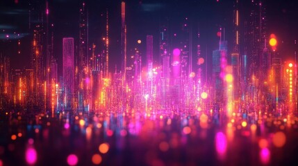 Obraz premium Futuristic cityscape glowing with vibrant pink, orange, and purple lights creating a dynamic and energetic digital atmosphere at night