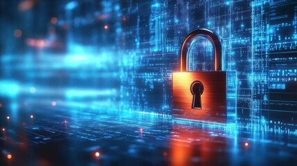 glowing digital padlock symbolizing cybersecurity and data protection in a futuristic technological environment with blue and orange light effects
