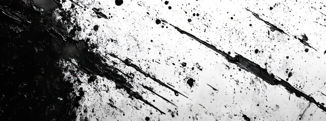 Black ink splatters and streaks on white textured surface creating an abstract dynamic pattern with rough and scattered spots
