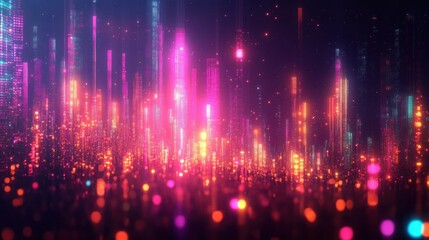 Fototapeta premium Abstract futuristic cityscape with glowing vertical light towers in vibrant pink, orange, and blue hues against a dark background creating a vibrant digital atmosphere
