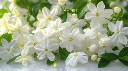 Obraz premium Close-up of fresh white jasmine flowers with green leaves on a light surface, evoking purity and tranquility