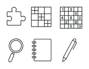 Puzzle and sudoku symbols: magnifying glass, notebook, pen - black and white icons