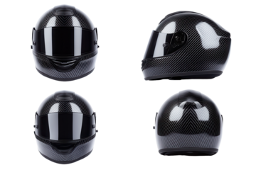 Collection of black carbon fiber helmets showcasing an integral full face design featuring a sleek and modern aesthetic for racing enthusiasts and professionals