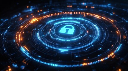 Fototapeta premium Glowing digital lock icon surrounded by circular futuristic data patterns in blue and orange lights representing cybersecurity and data protection