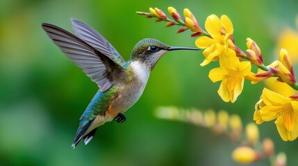 Fototapeta premium Vibrant Hummingbird Feeding on Bright Yellow Flowers in Nature