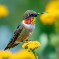 Fototapeta premium Vibrant Hummingbird perched on bright yellow flower in nature