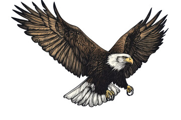 Obraz premium Majestic eagle soaring gracefully with outstretched wings against a pure white background