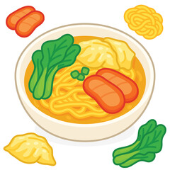 Wonton noodle soup with roasted red pork, dumplings kawaii doodle flat 2D cartoon vector illustration