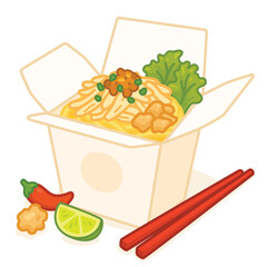 Shredded chicken Noodle Takeout Box with Chopsticks Lime Chili and Garnishes kawaii doodle flat 2D cartoon vector illustration